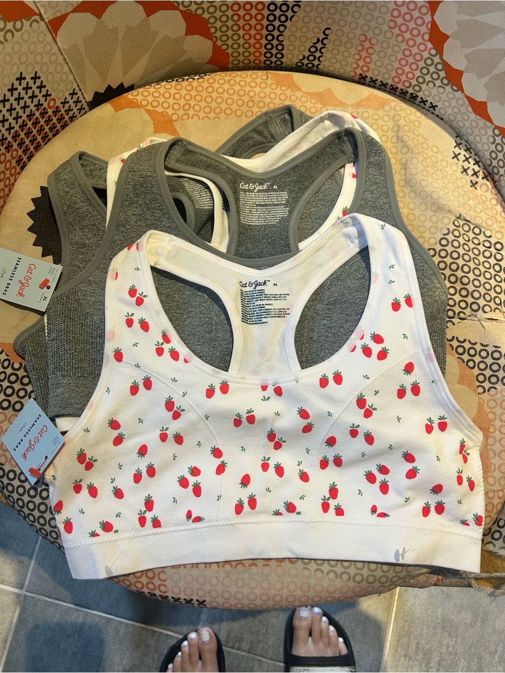 Cat & Jack Girls' Strawberry Print White & Gray Racerback Bralettes (4) XL 14-16